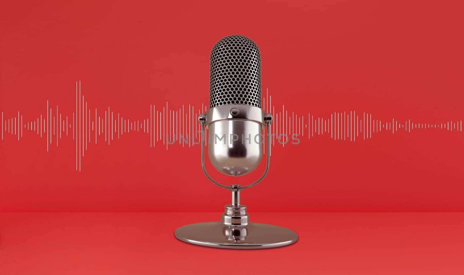 Microphone and Sound wave on a magenta studio background. Podcast, live, streaming, creator content. 3d rendering.