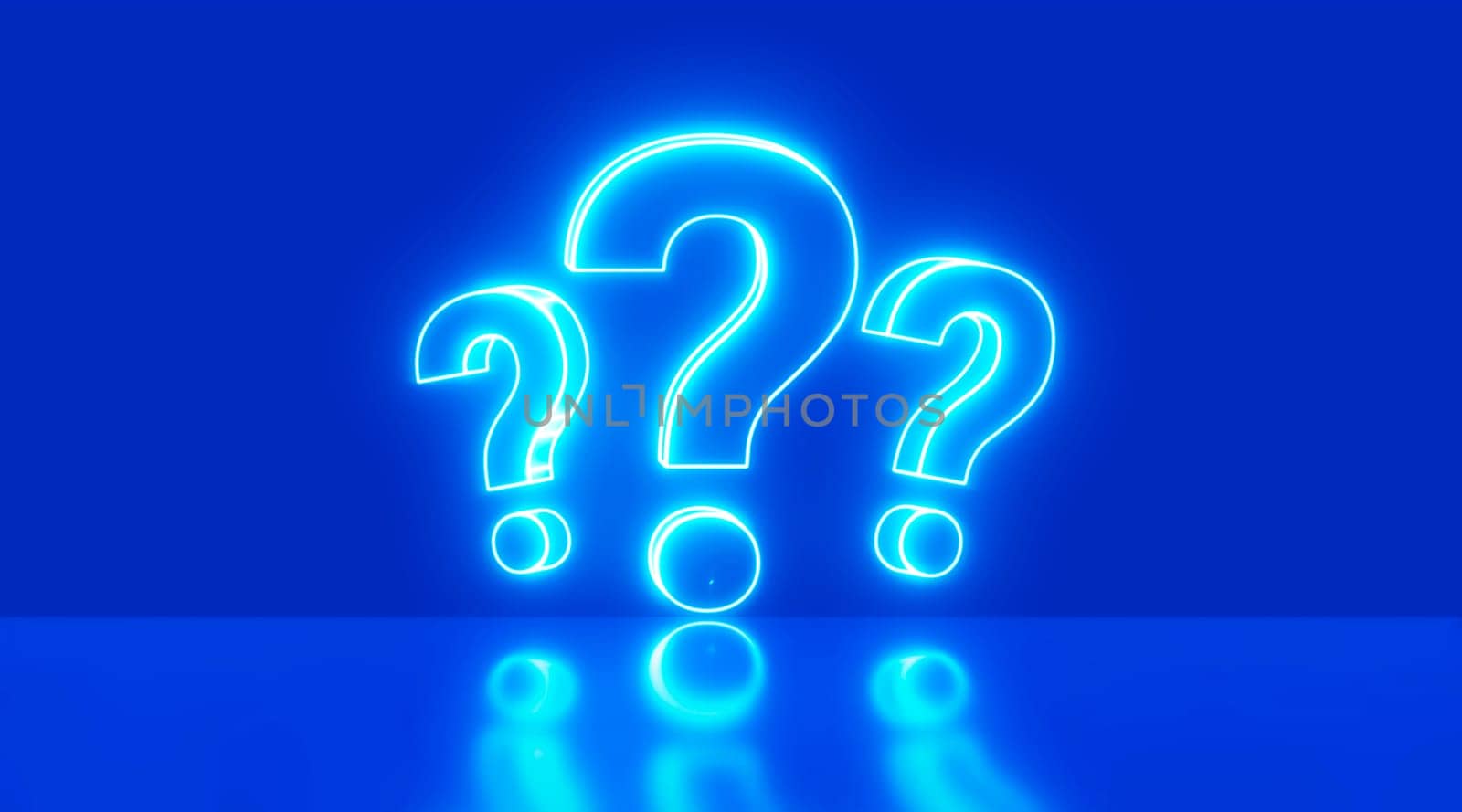 Three question marks on neon in wall background. Business support concept - 3d rendering.