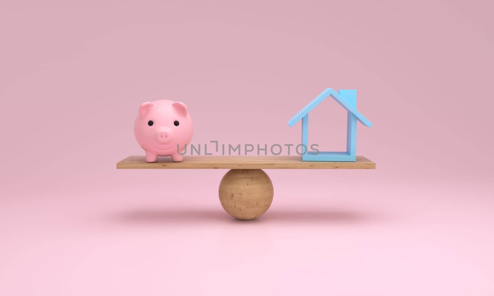 Pink piggy bank and symbol house balancing on a seesaw. 3d Rendering.
