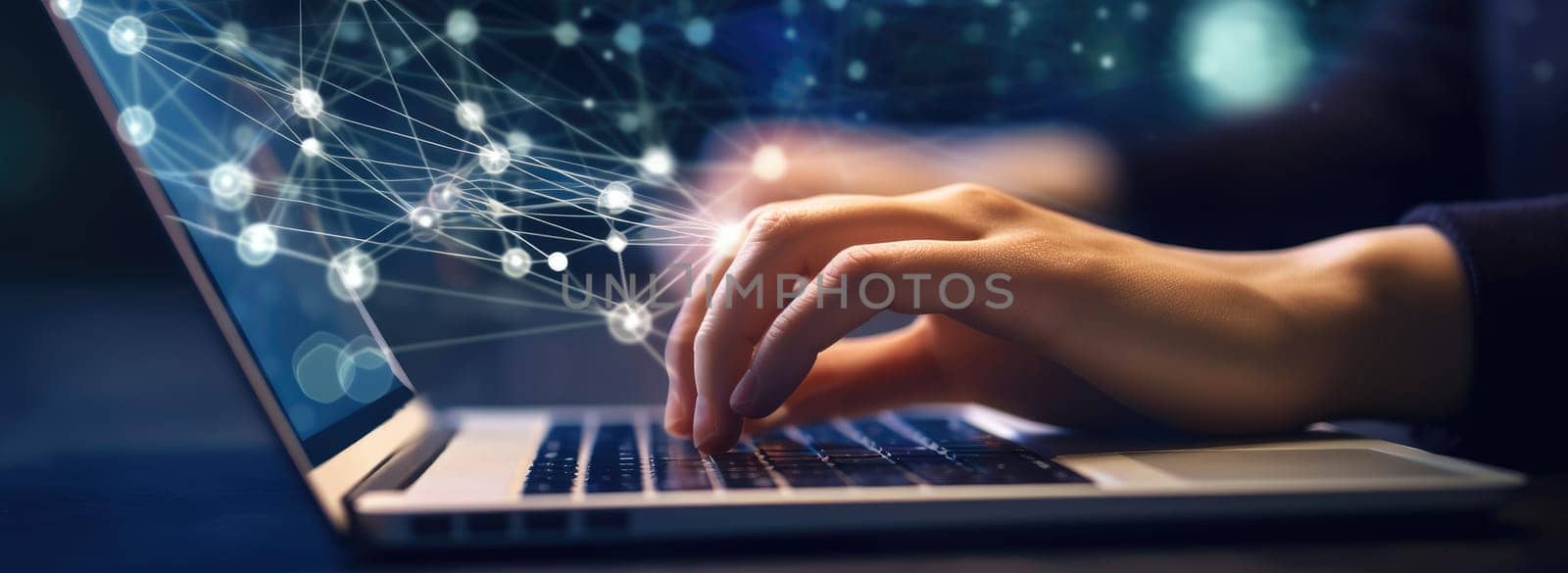 Hands of person type on a laptop. A virtual network is like a plexus nearby. Close-up