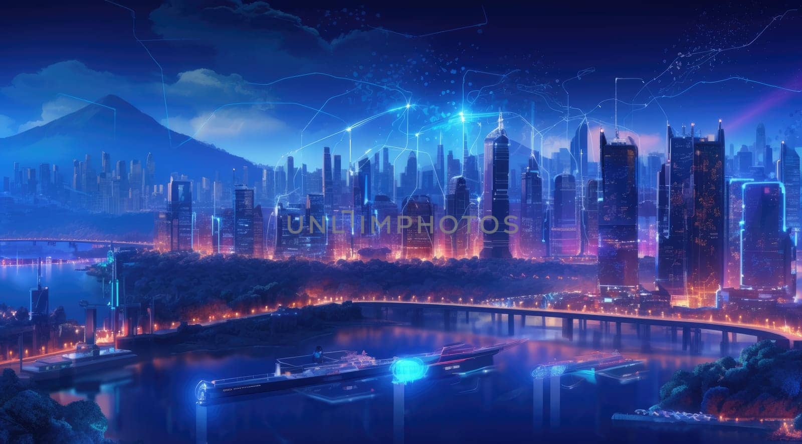 A virtual city with holograms and bright road lines. A vision for the future