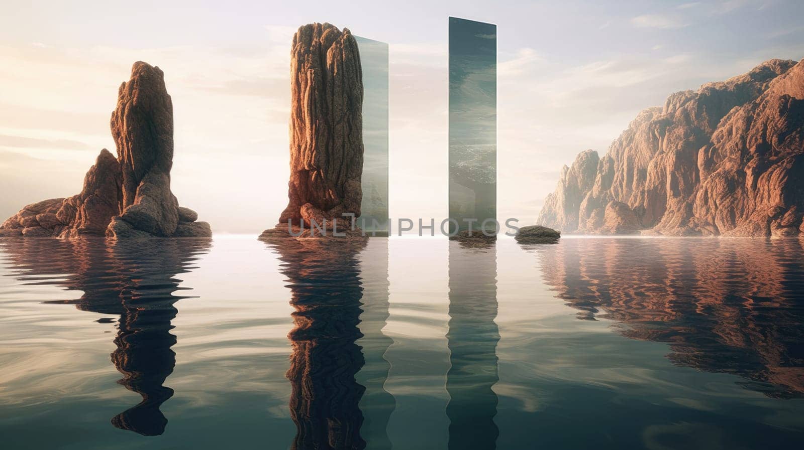 Futuristic background of abstract architecture and water by cherezoff