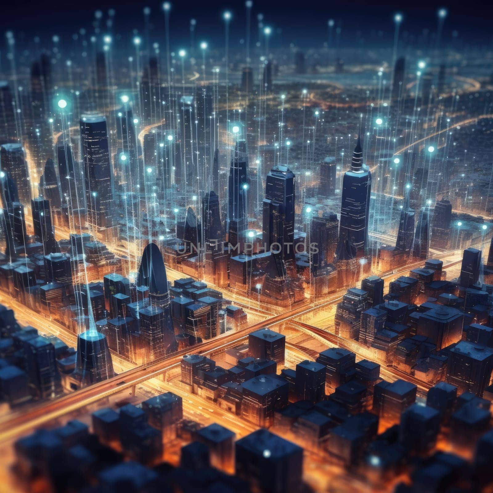 The city of the future with luminous lines. The Concept of Future Connectivity