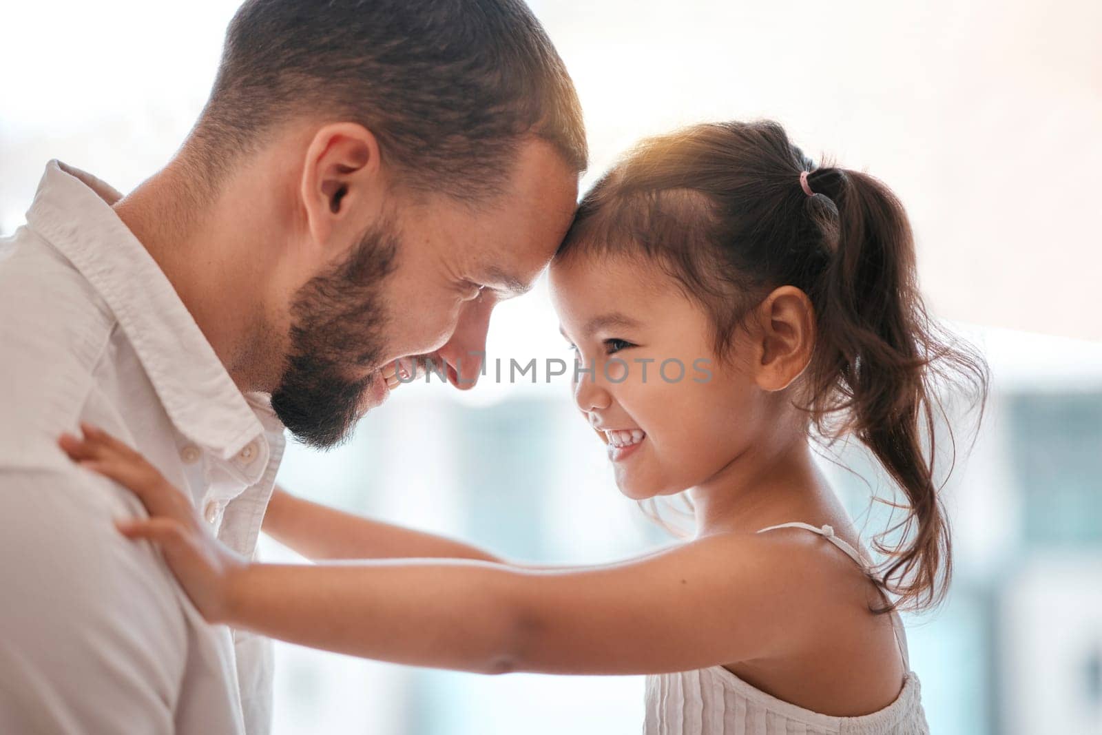 Love, father and girl play, happy and smile with fun, support and trust together in brazil home. Latino man, child and happiness, care and bonding with care, joy and healthy relationship in family by YuriArcurs