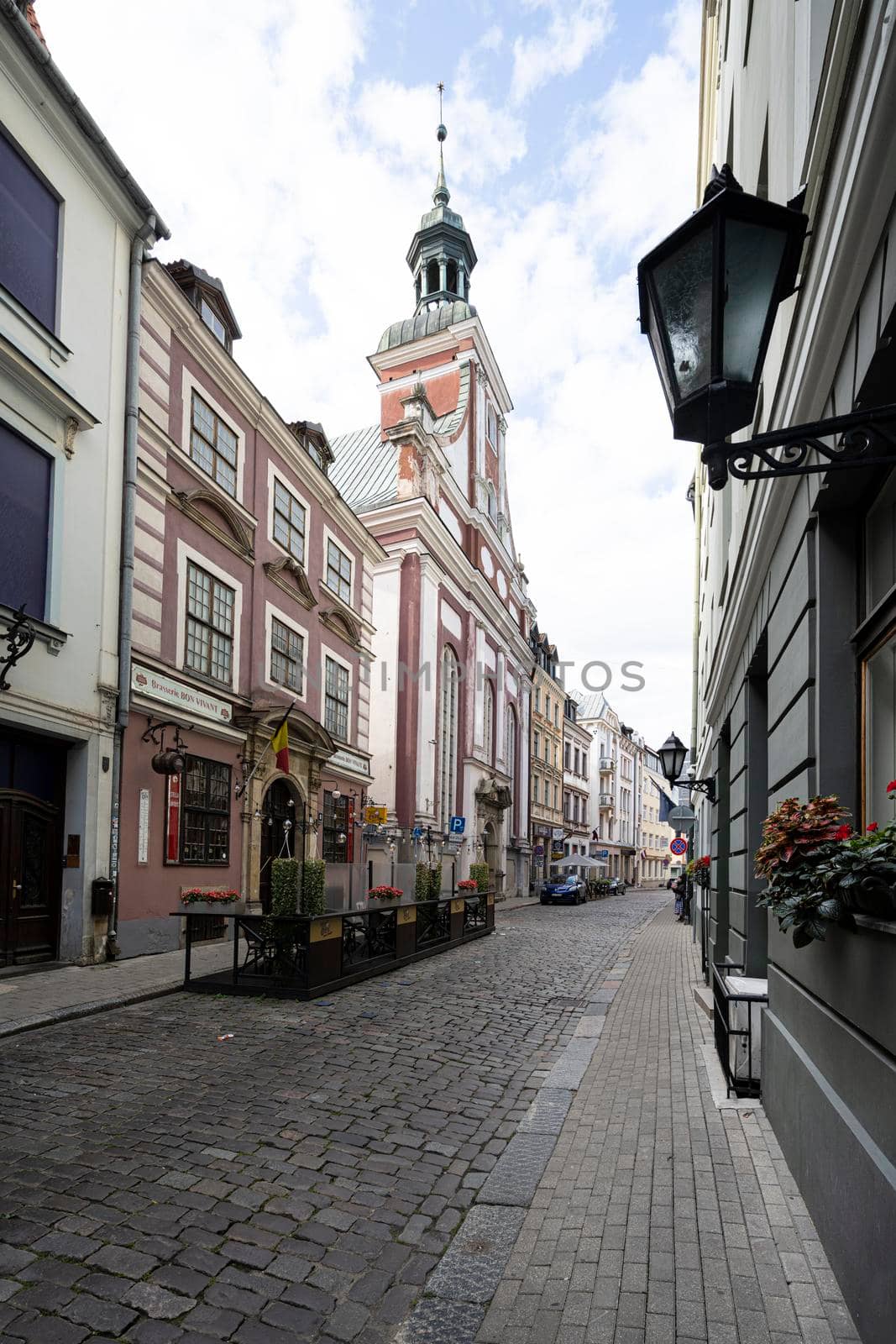 Riga, Latvia. 22 August 2021.  Bars and restaurants in an old street in the city center