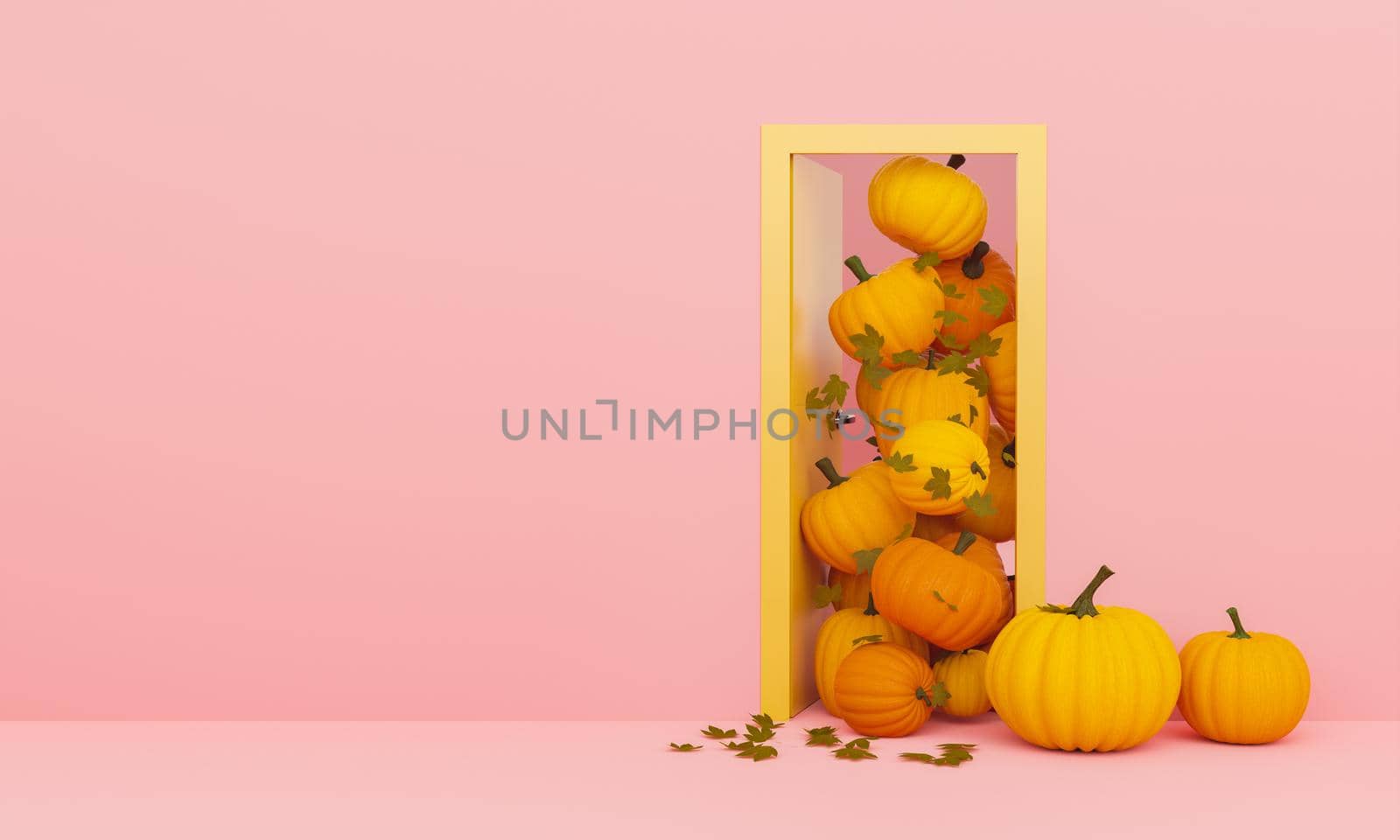 Door with pumpkins and autumn leaves coming out of it with pastel pink color. space for text. Minimal concept of autumn arrival and halloween. 3d rendering