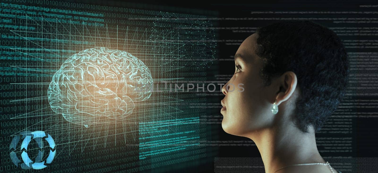 Screen, code and ai, brain hologram and black woman, programming with future technology. Robot, knowledge and data analysis, IT and software with human mind, neurology and 3D with robotics innovation by YuriArcurs