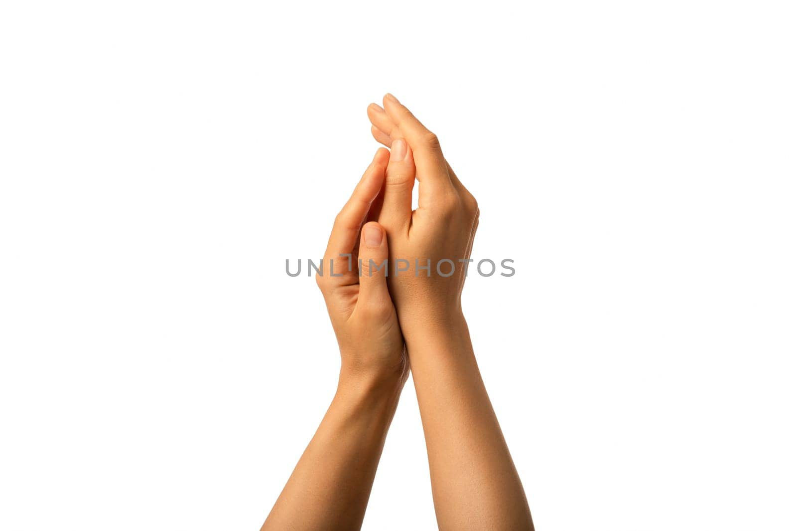 Close up woman hands moisturised with protective cream anti age treatment isolated on white background.