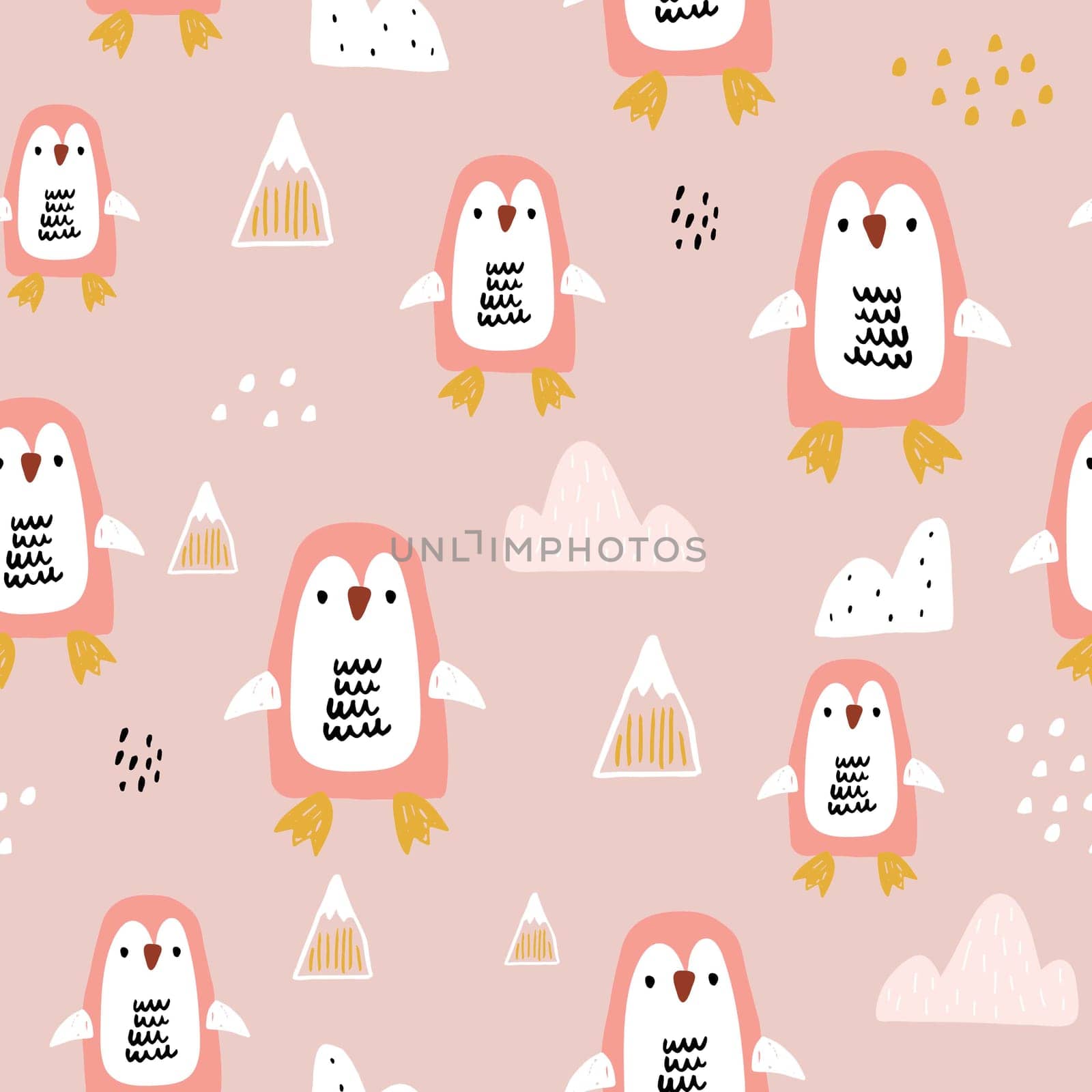 Cute seamless penguin pattern on pink. Cartoon penguins, icebergs,winter texture. Perfect for fabric, textile, Wallpapers. Vector illustration. by solmariart