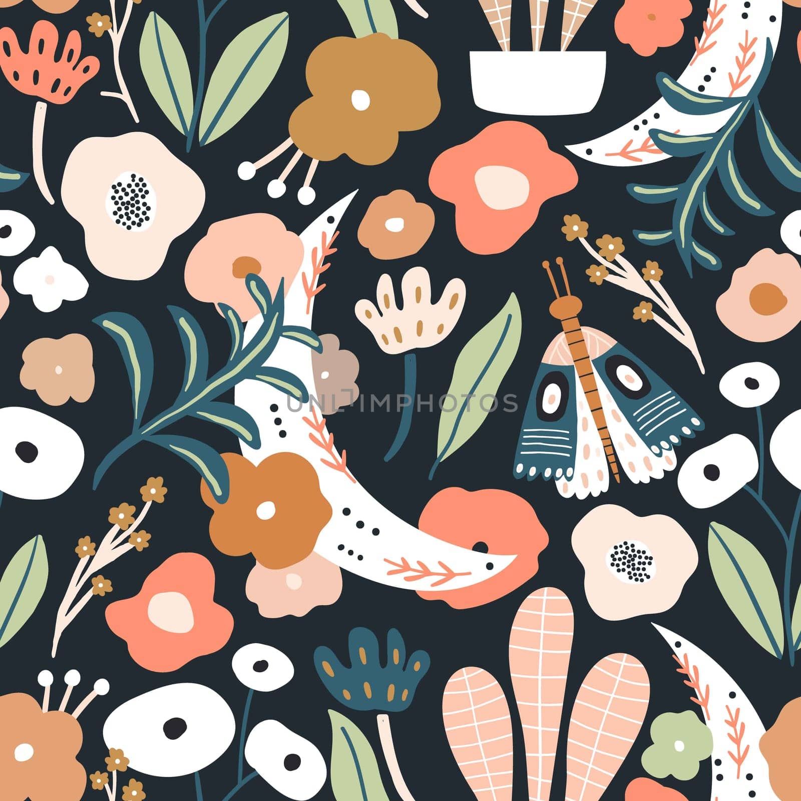 Floral seamless pattern with moon, moth, leaves, flowers. Flourish garden texture. Perfect for fabric, wallpaper, textile. Vector illustration by solmariart