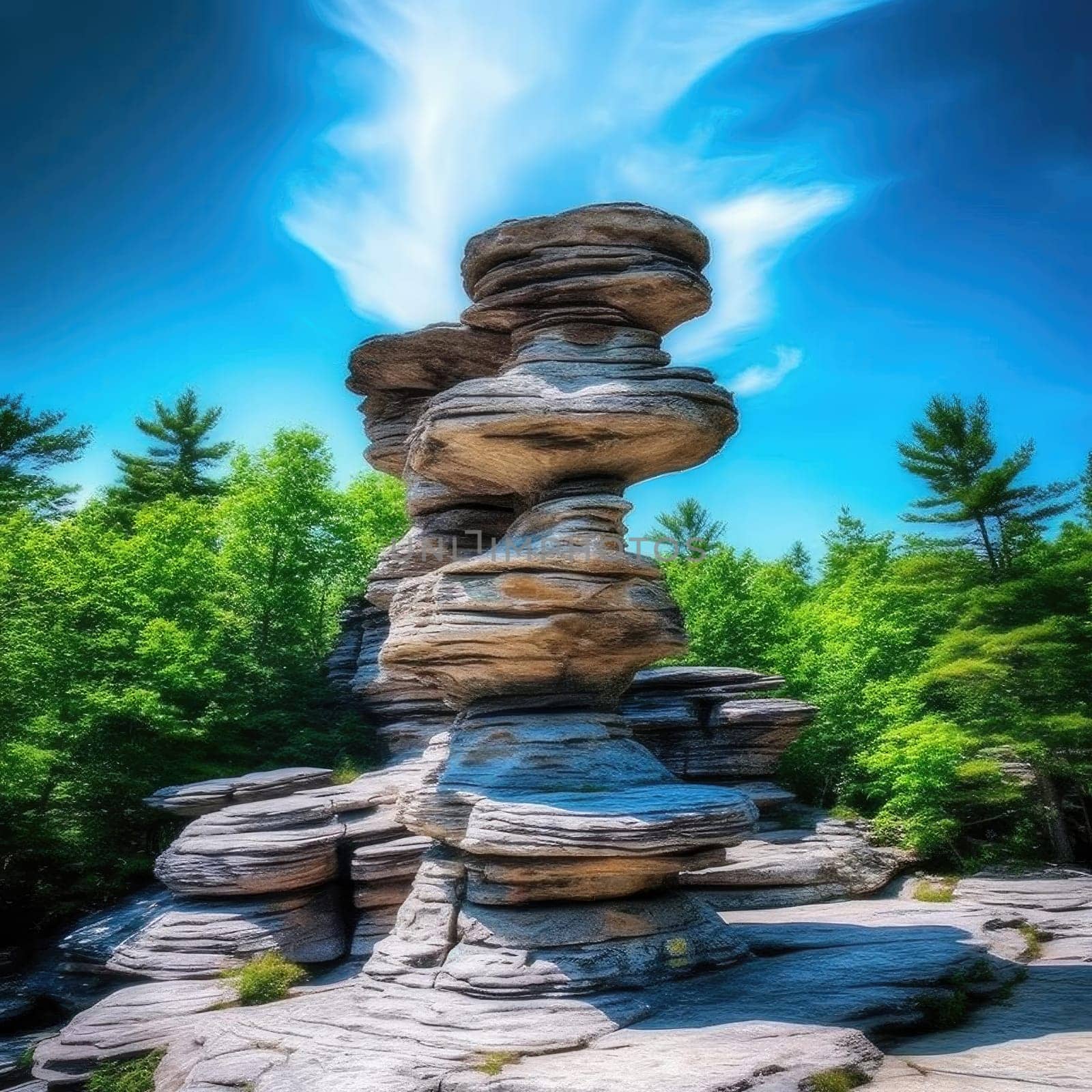 Huge rocks in the forest on a background of blue sky (ID: 001267)