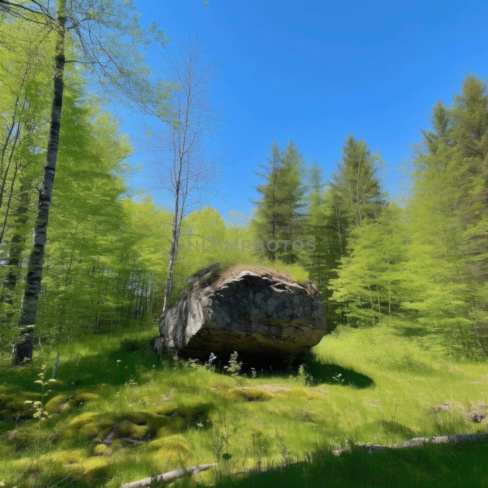 Big stone in the forest on a background of green grass and blue sky (ID: 001268)