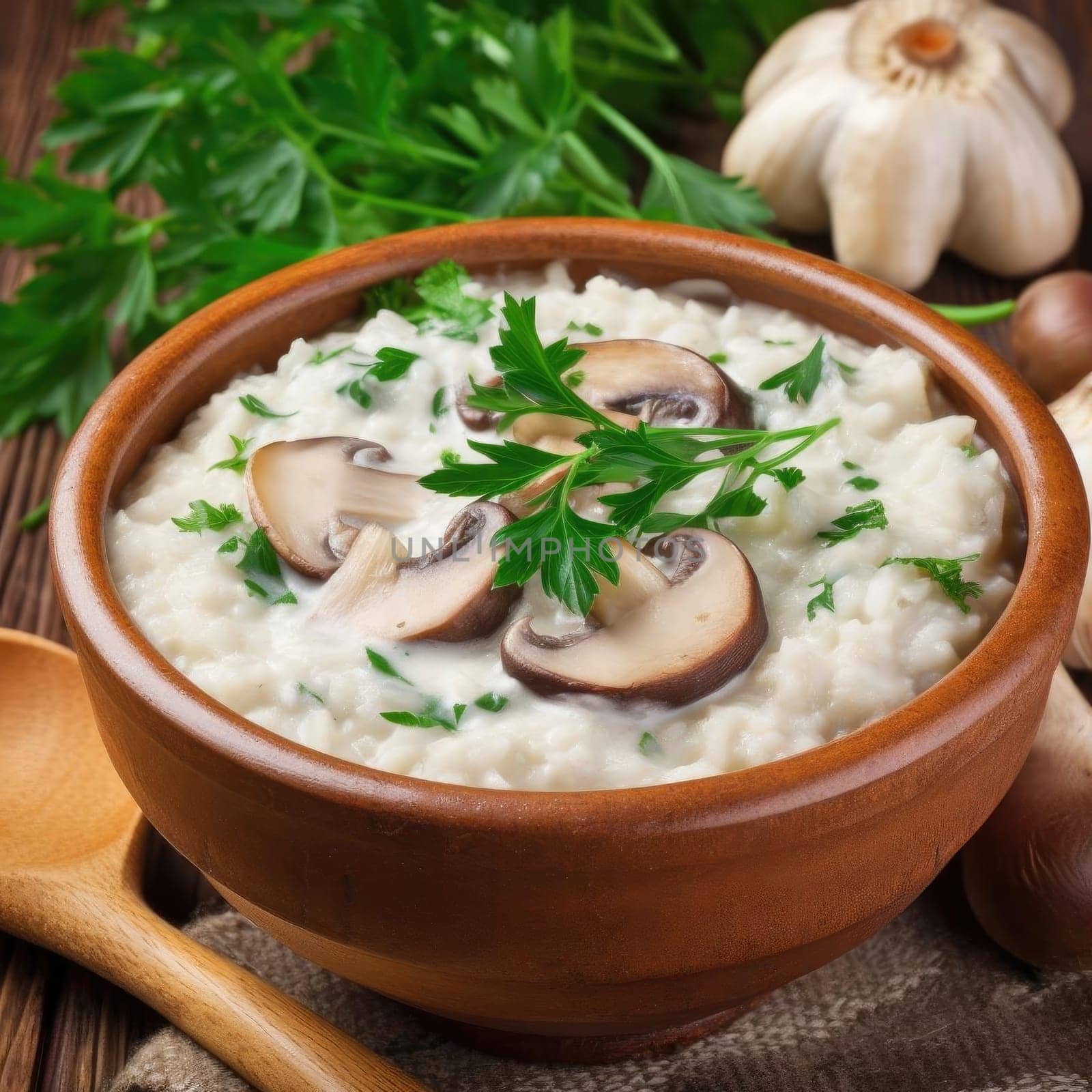 Mushroom risotto with parsley in a bowl on the table (ID: 001292)