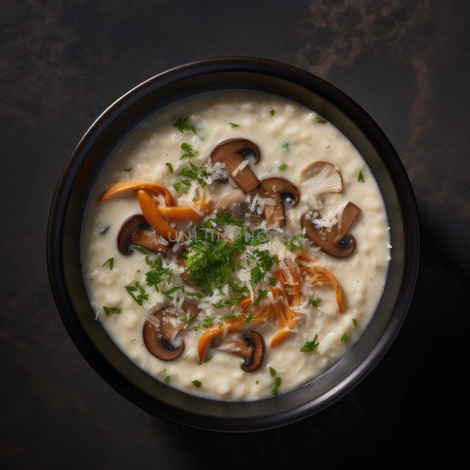 Bowl of porridge with mushrooms and parsley on dark background (ID: 001293)