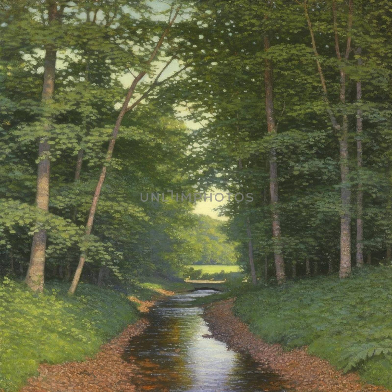 Digital painting of a small stream in the woods, with trees in the background (ID: 001295)