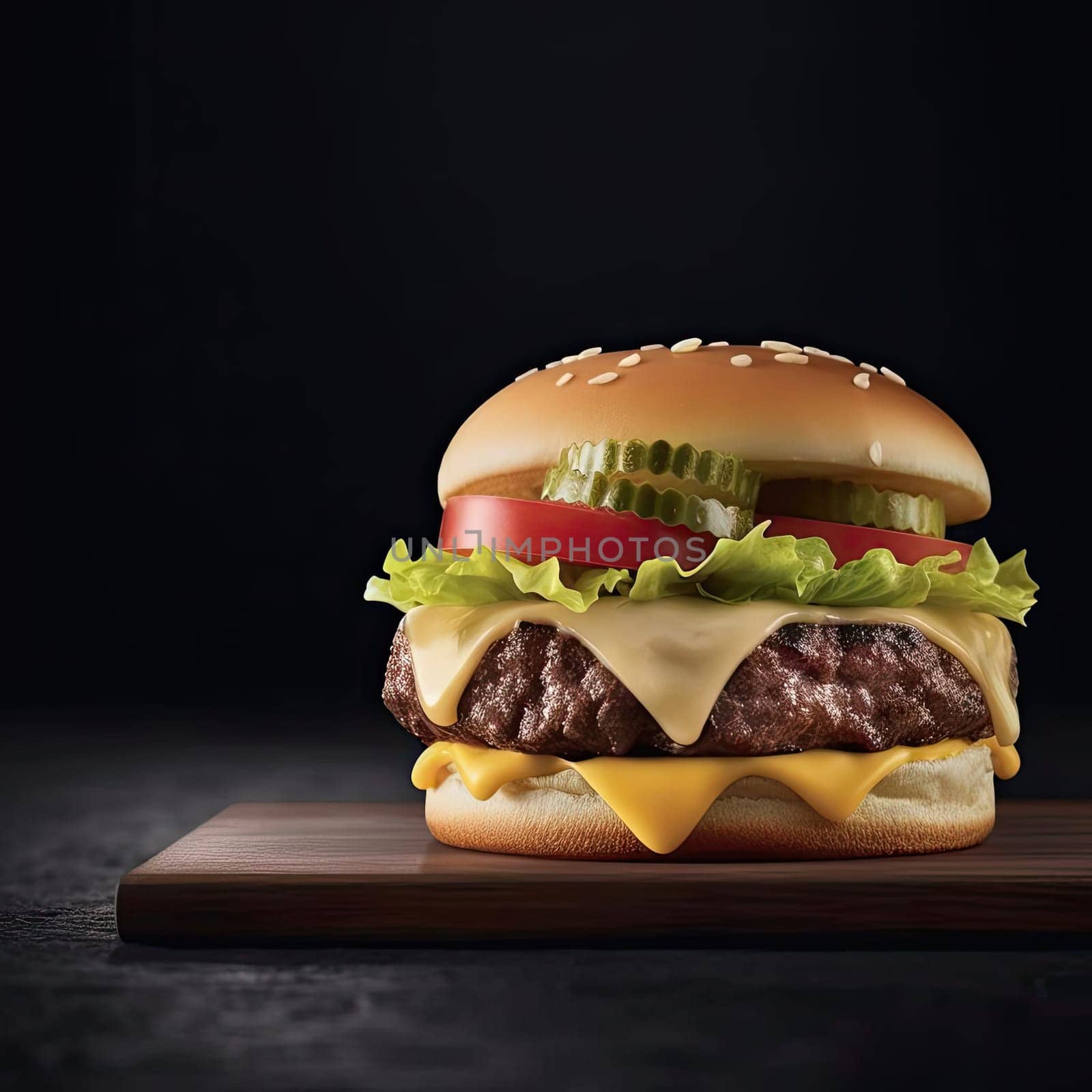 Big tasty cheeseburger on wooden cutting board, black background (ID: 001300)