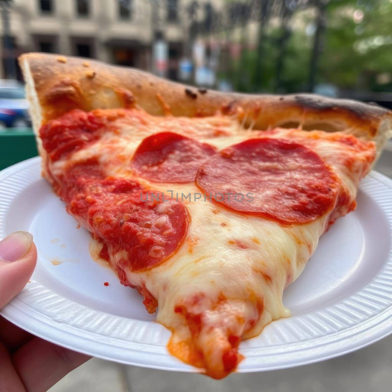 Pepperoni pizza in a white plate on a city street (ID: 001304)