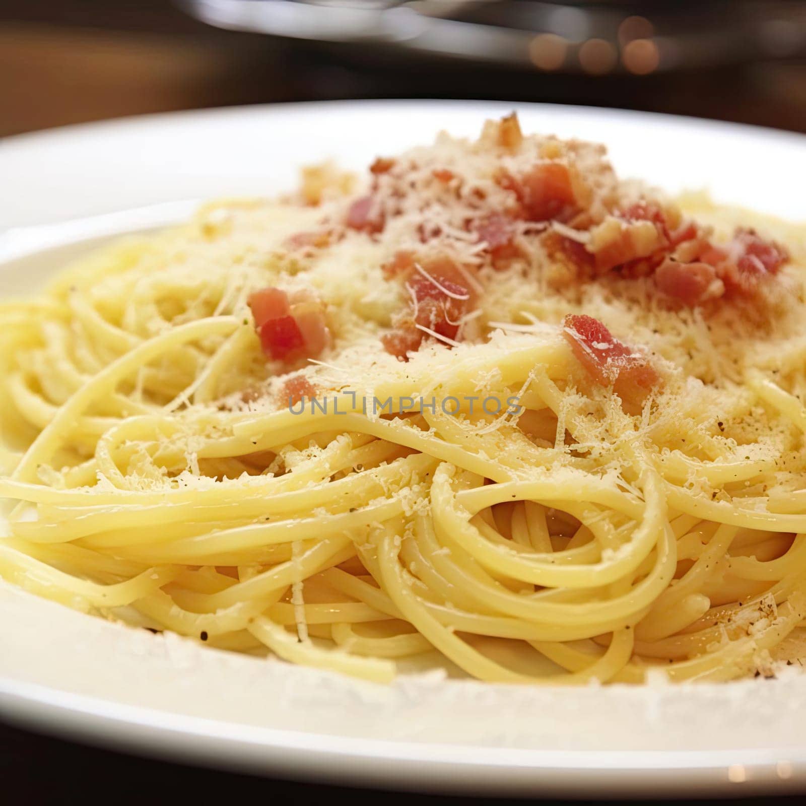 Spaghetti Carbonara with bacon and parmesan cheese on white plate (ID: 001308)