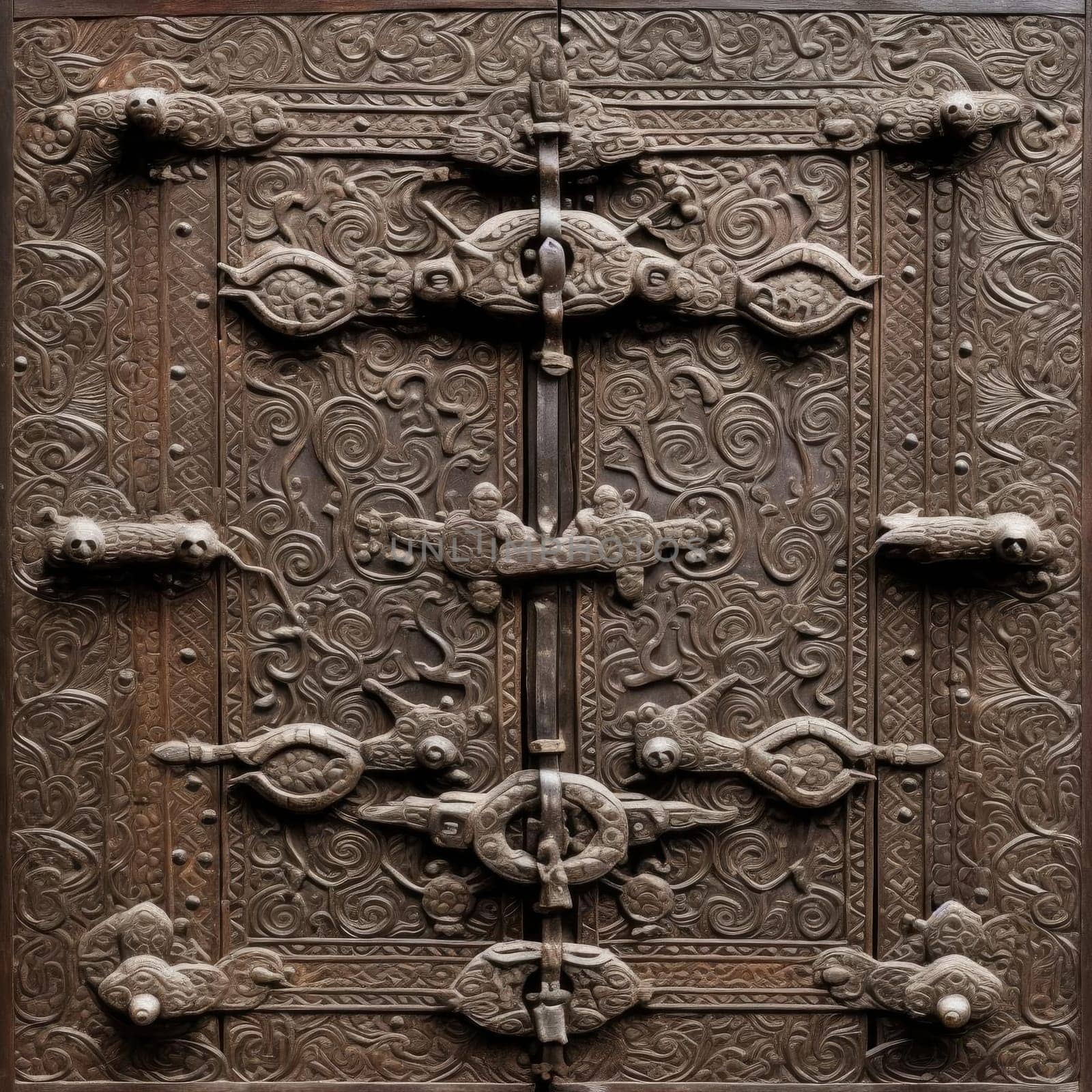 Old wooden door with iron handle, close-up (ID: 001313)