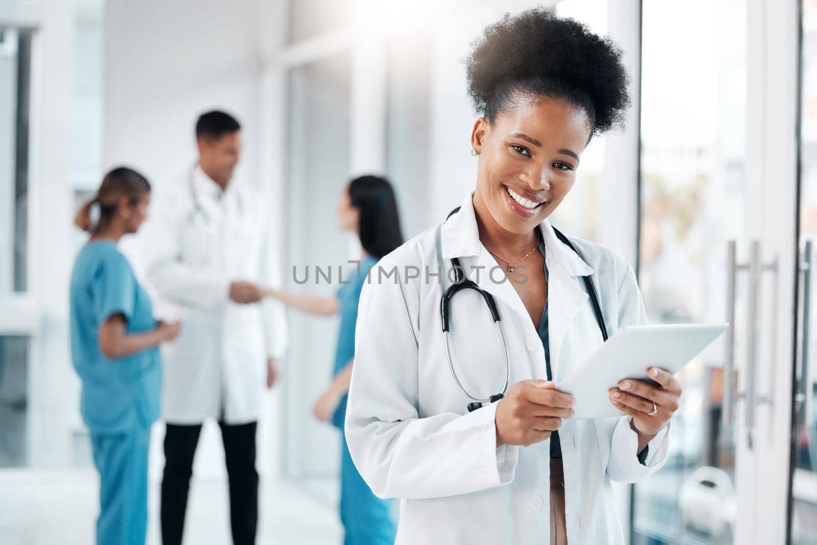 Research, portrait and black woman with tablet for healthcare, medicine and internet information. Schedule, communication and African doctor with technology for medical service, telehealth and email by YuriArcurs