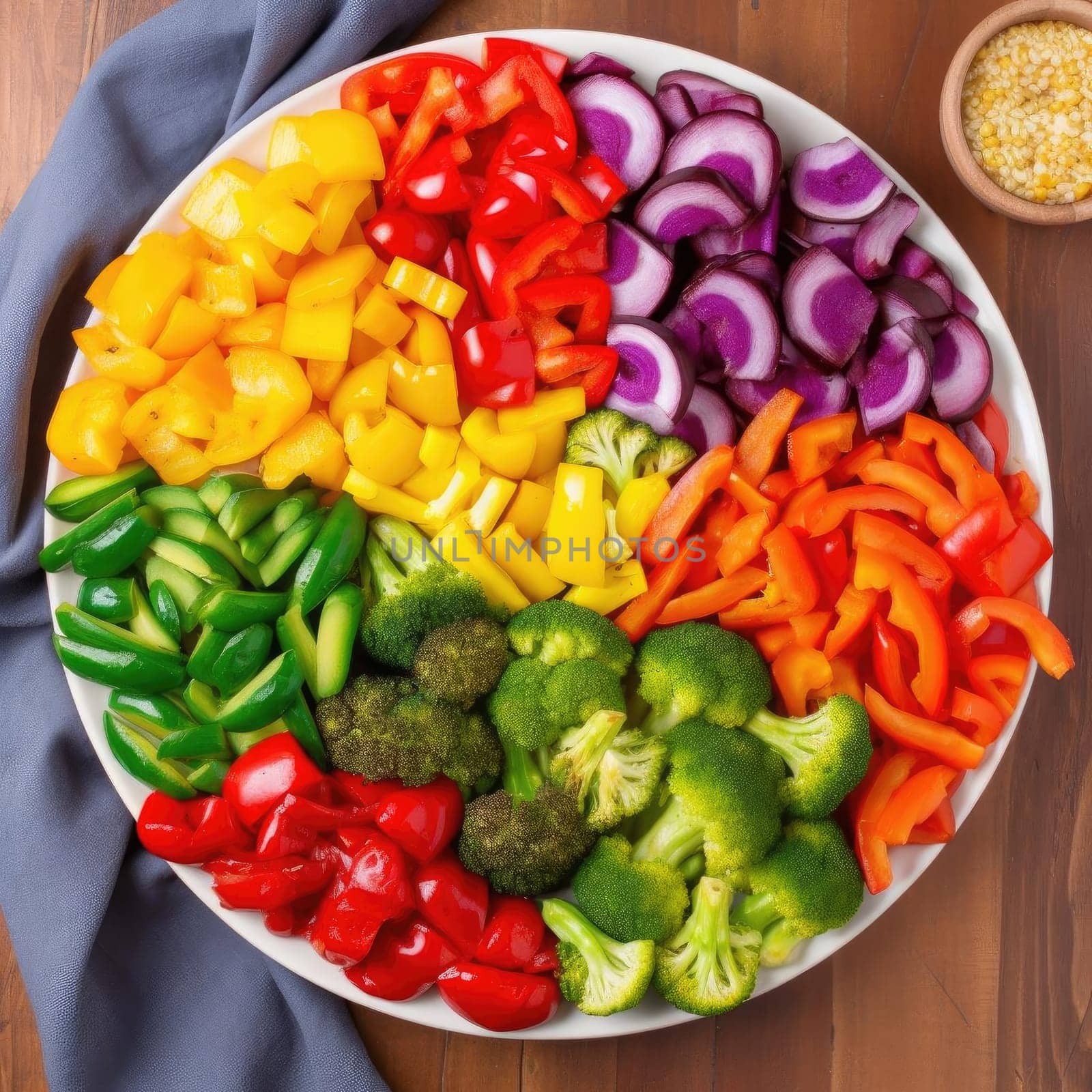 Raw chopped vegetables in a bowl on wooden table - top view (ID: 001330)