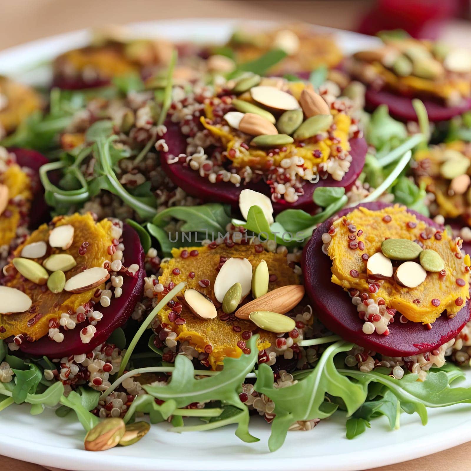 Healthy salad with quinoa, beetroot, pumpkin, and almonds (ID: 001336)