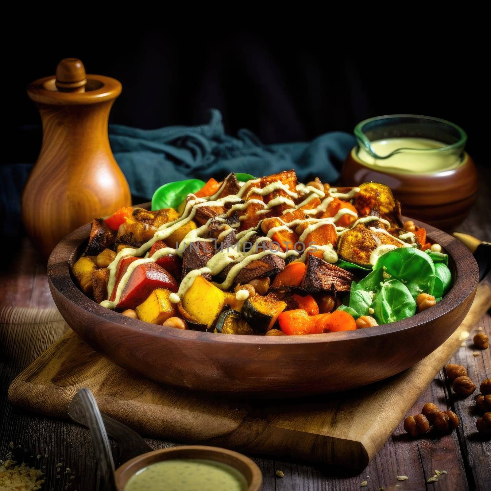Roasted meat with vegetables in a wooden bowl on a dark background (ID: 001339)