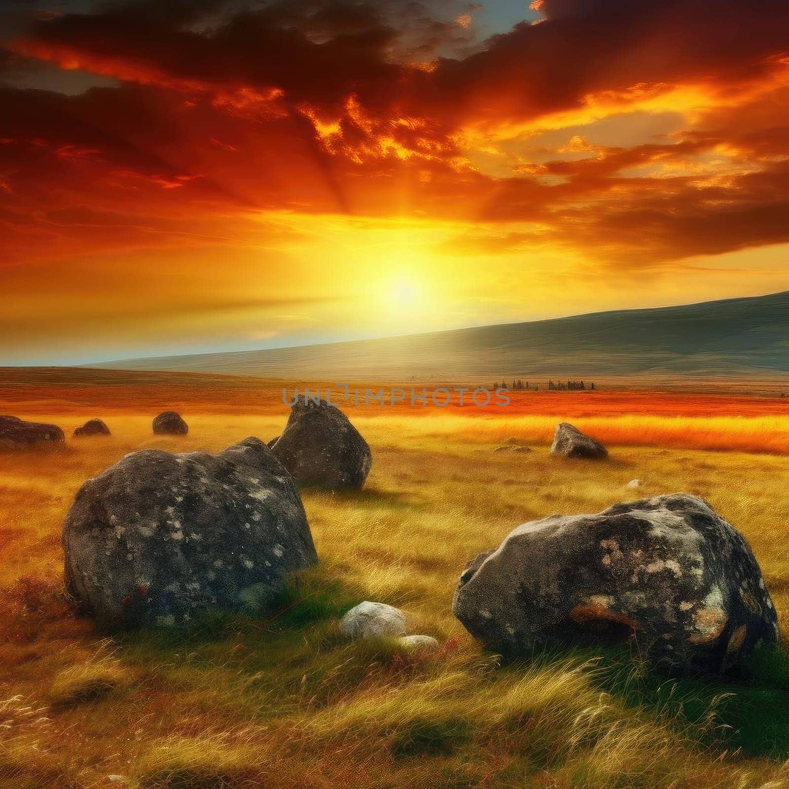 Beautiful sunset over the meadow with stones - digital painting (ID: 001340)