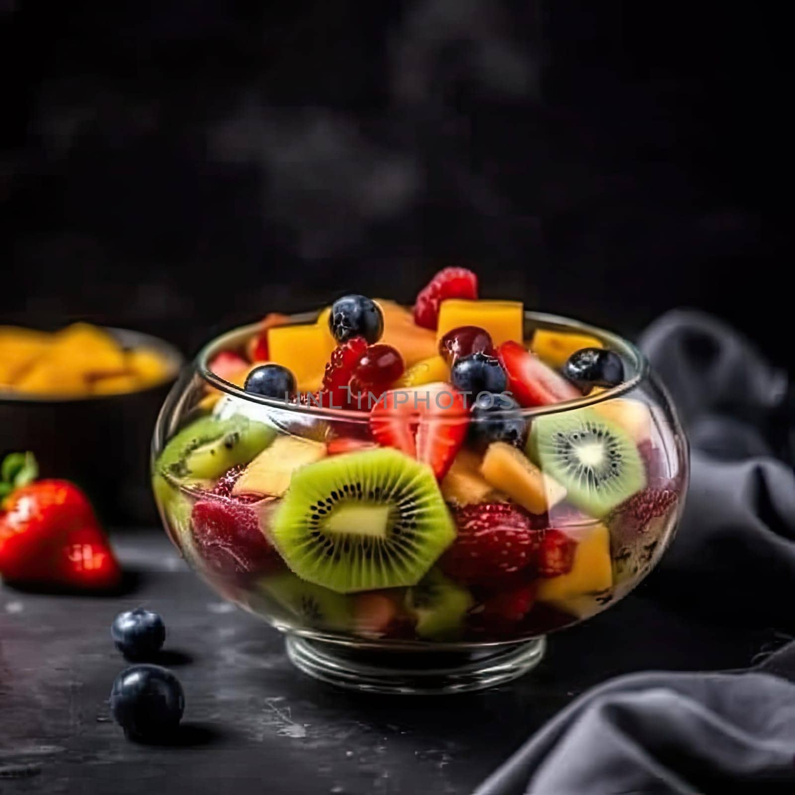 Fruit salad in a glass bowl on a black background, selective focus (ID: 001344)