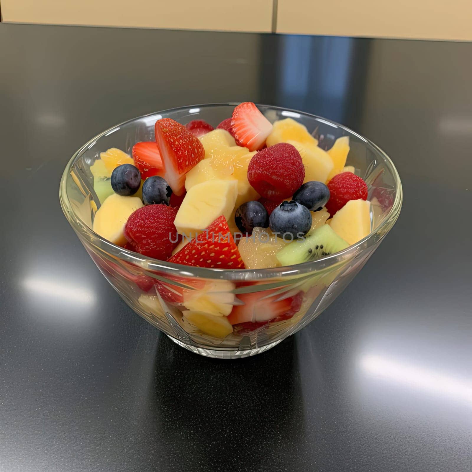 Fruit salad in a glass bowl on a kitchen countertop (ID: 001345)