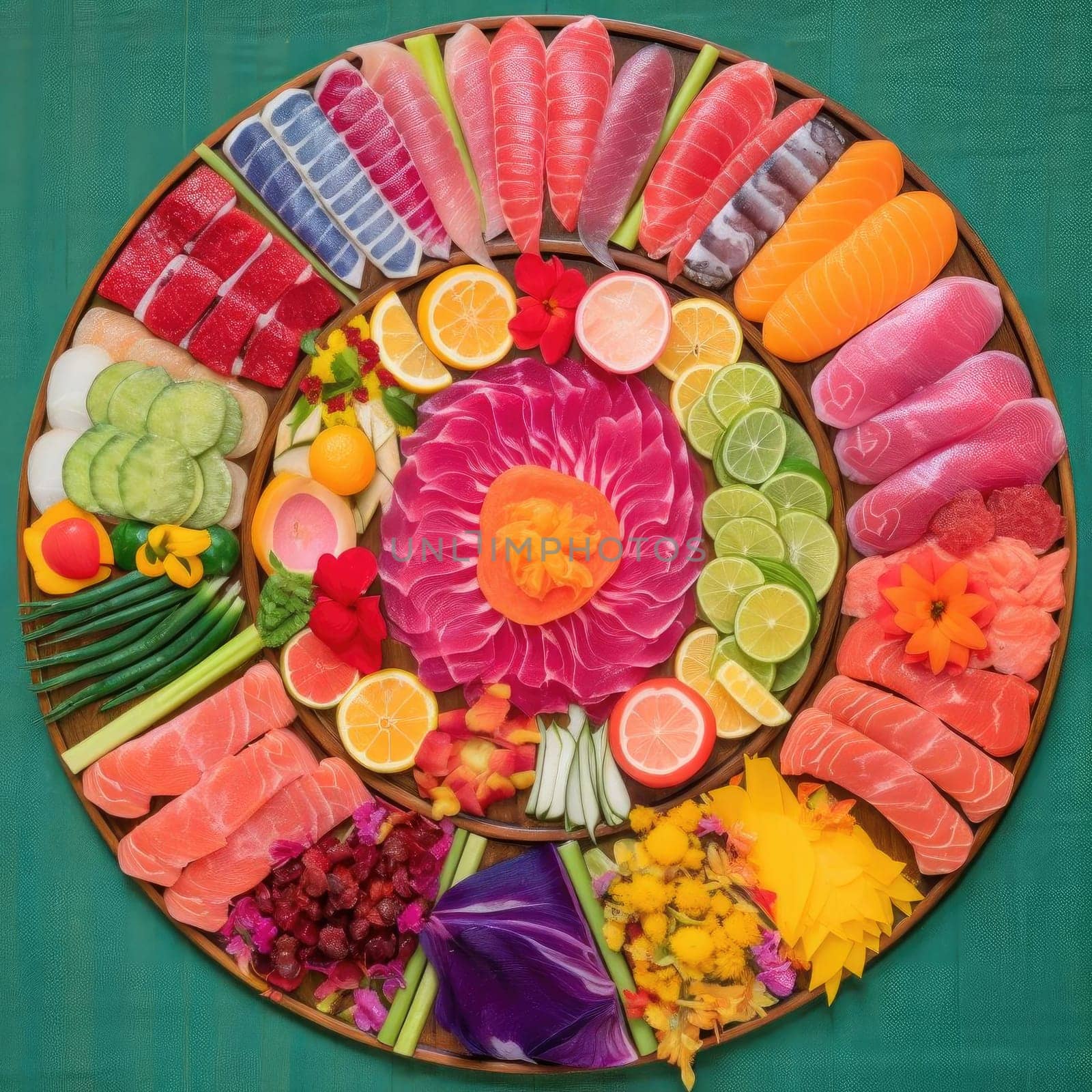 Sashimi of different shapes and colors on a plate on a green background (ID: 001350)