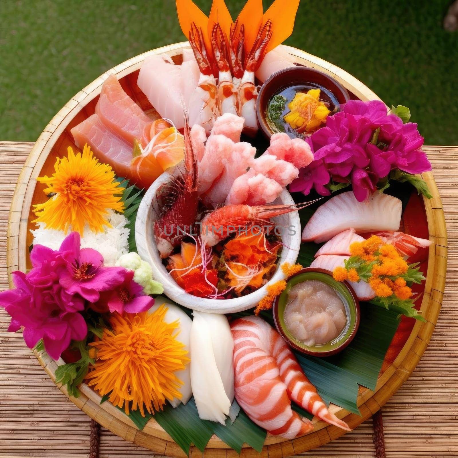 Sashimi, japanese food in bamboo bowl on table (ID: 001351)