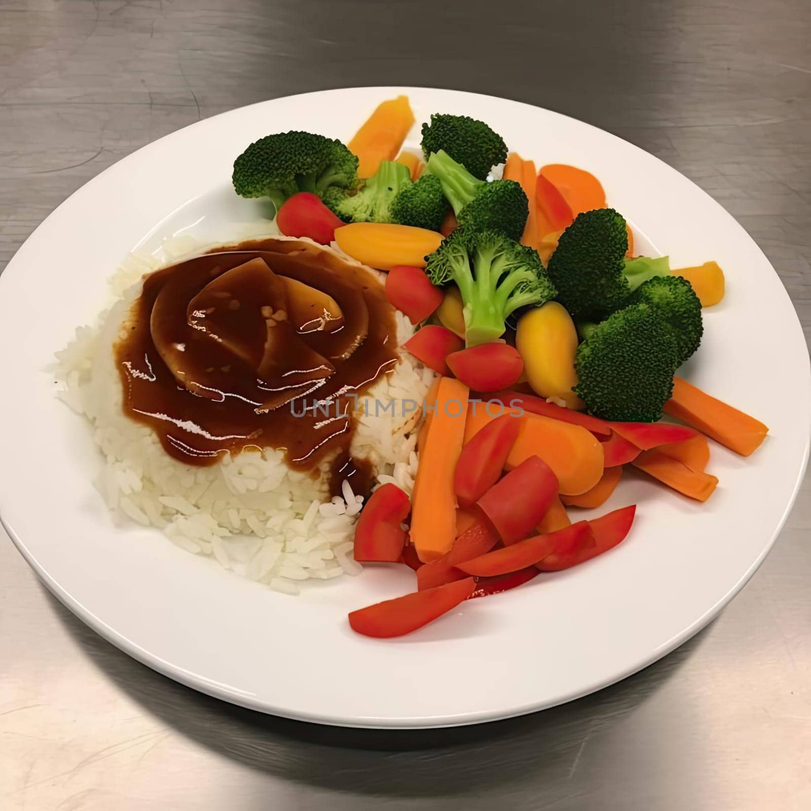 Rice with vegetables in a white plate (ID: 001353)