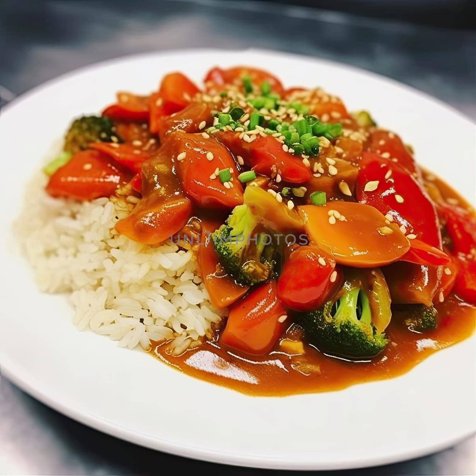 Stir-fried sweet and sour vegetables with rice on white plate (ID: 001354)