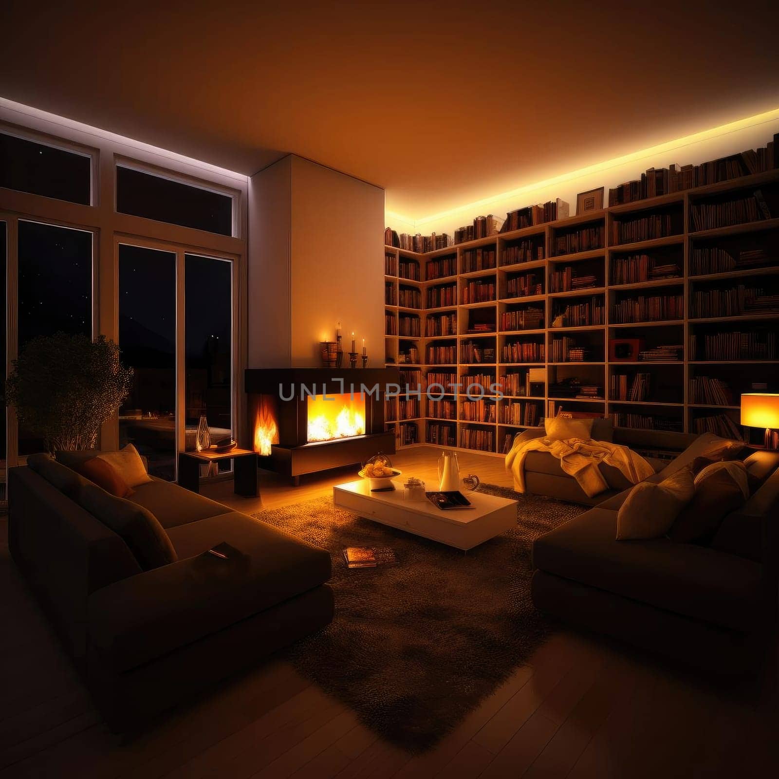 Interior of a living room with fireplace and bookshelf at night (ID: 001362)