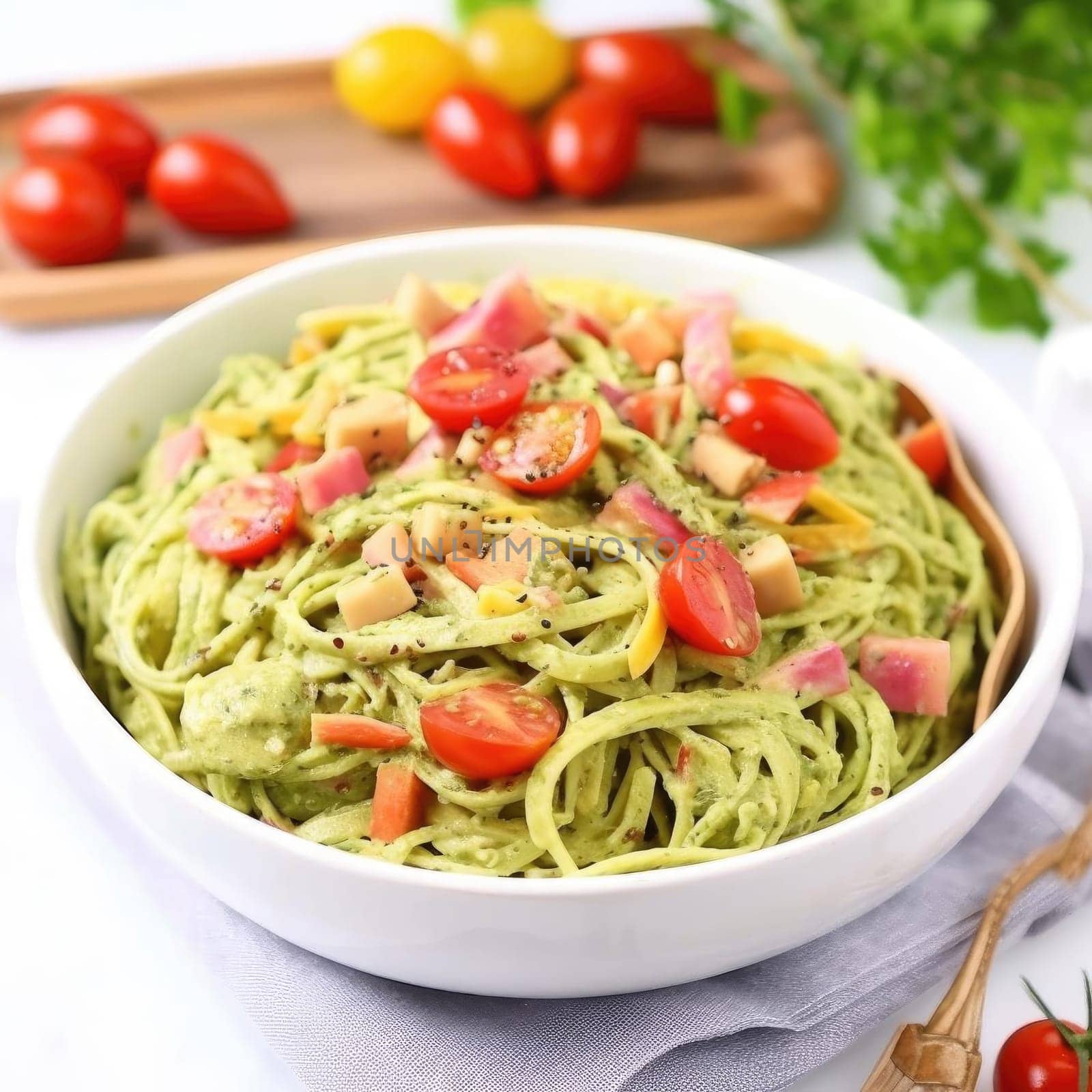 Spaghetti with pesto sauce and cherry tomatoes on a white background (ID: 001363)