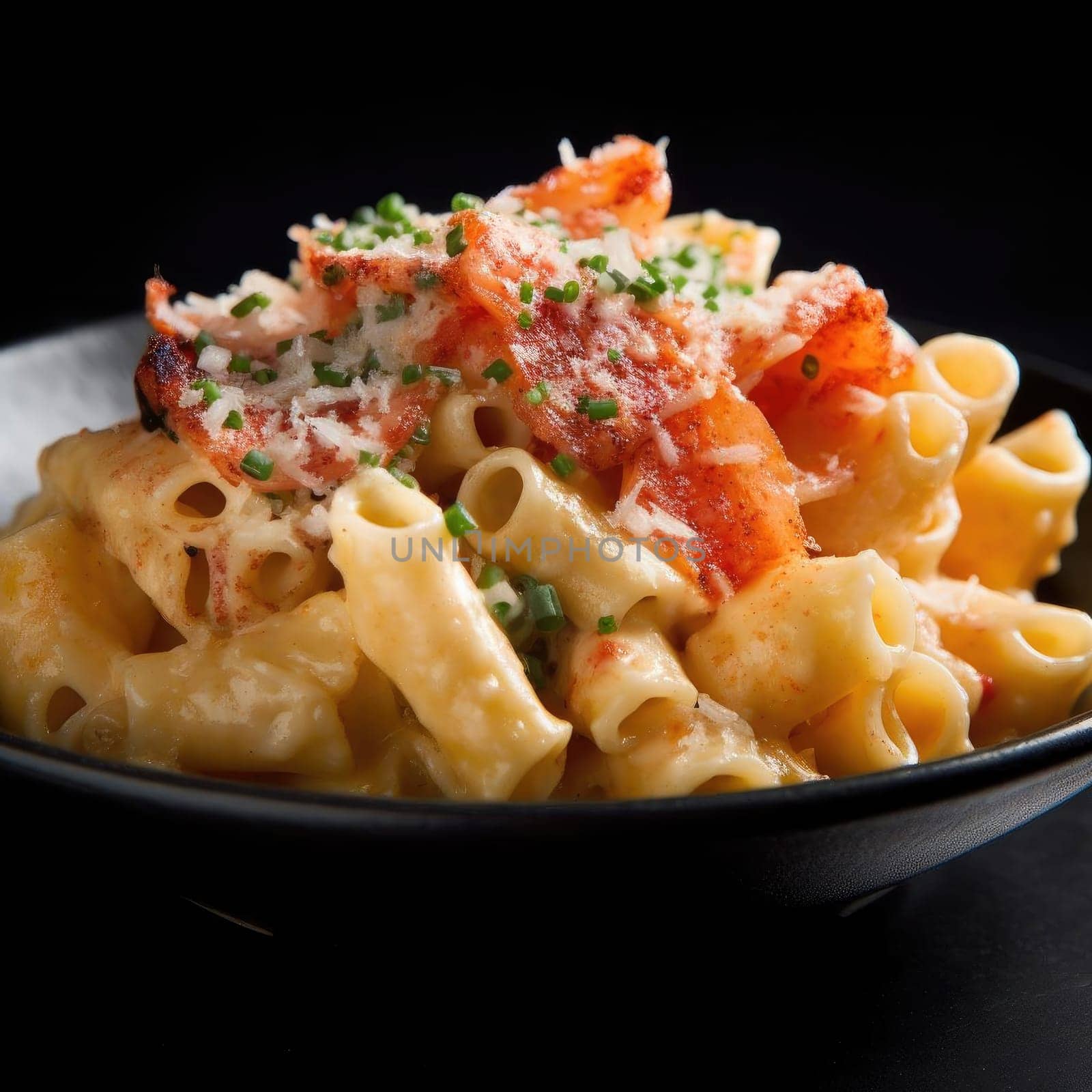 Macaroni with tomato sauce and cheese on black background, closeup (ID: 001370)