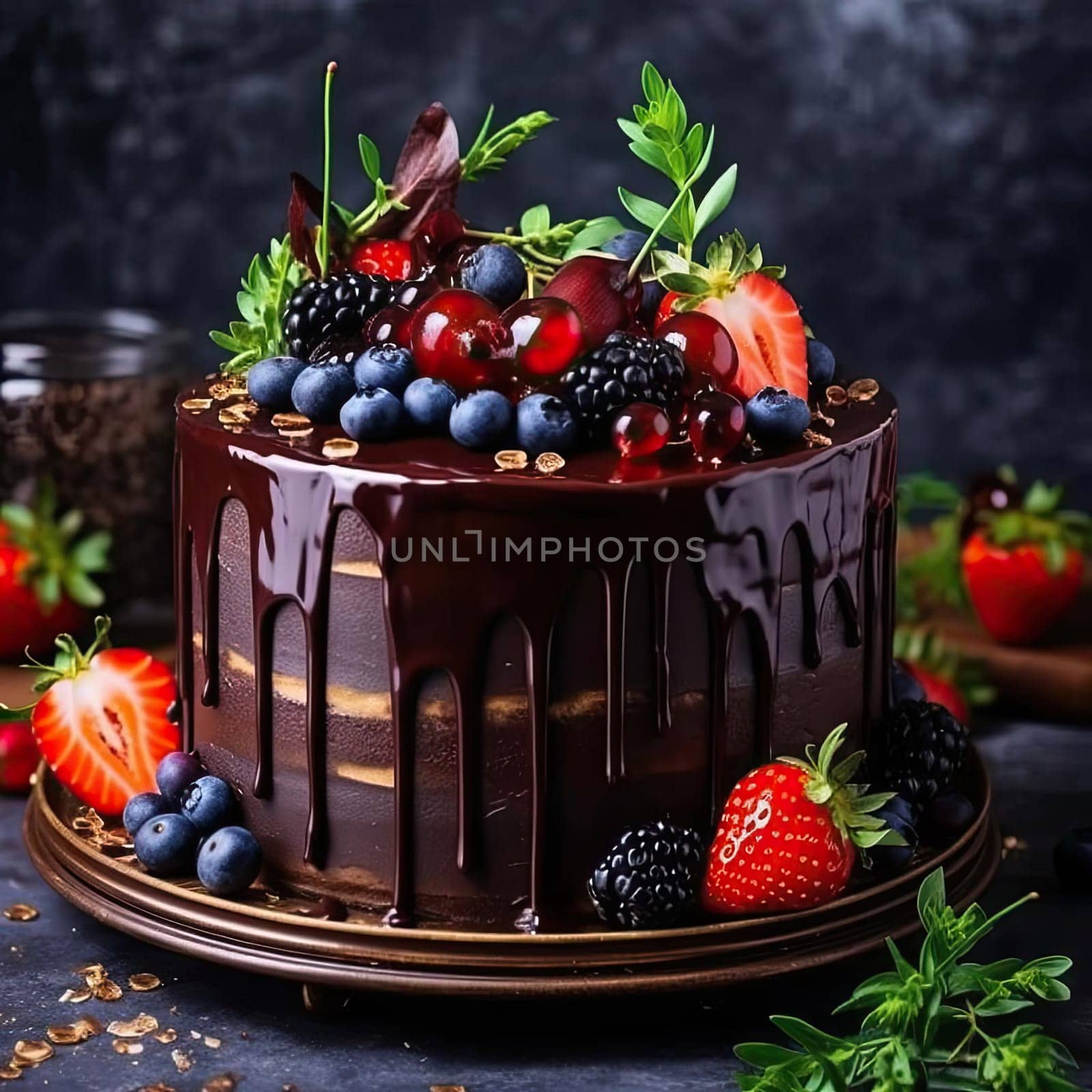 Chocolate cake with berries on a dark background - selective focus (ID: 001371)