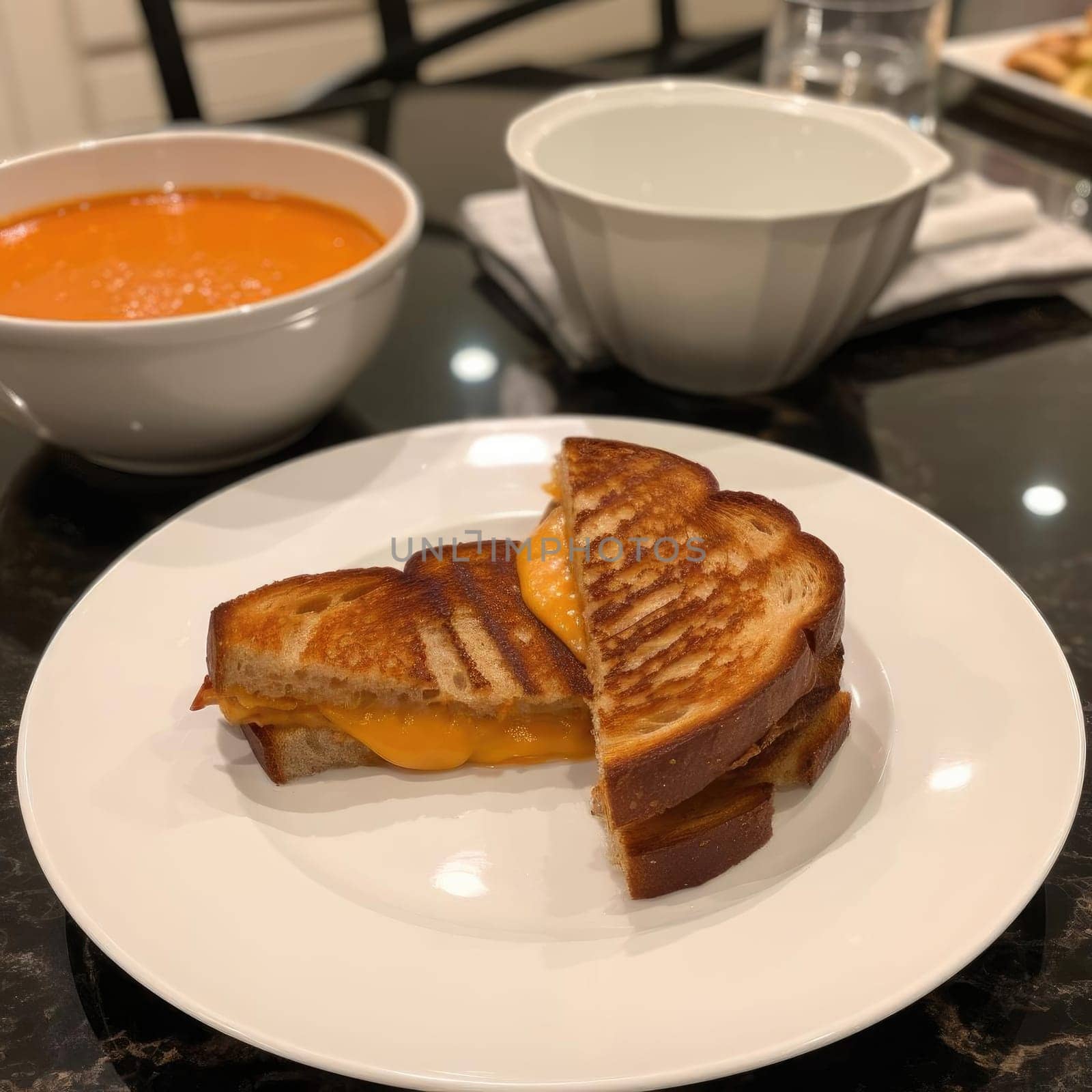 Toasted bread with cheese and tomato sauce on the white plate (ID: 001377)