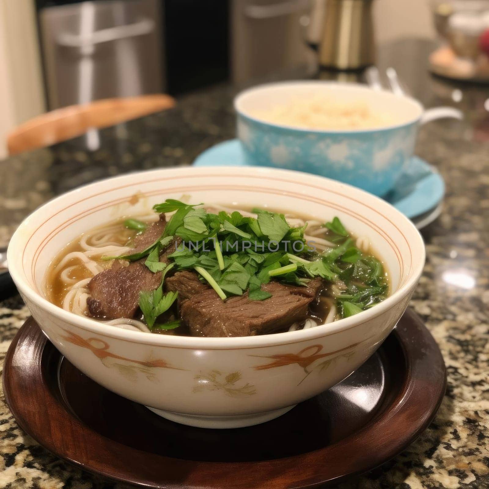 A bowl of beef noodle soup with a bowl of soup in the background (ID: 001382)
