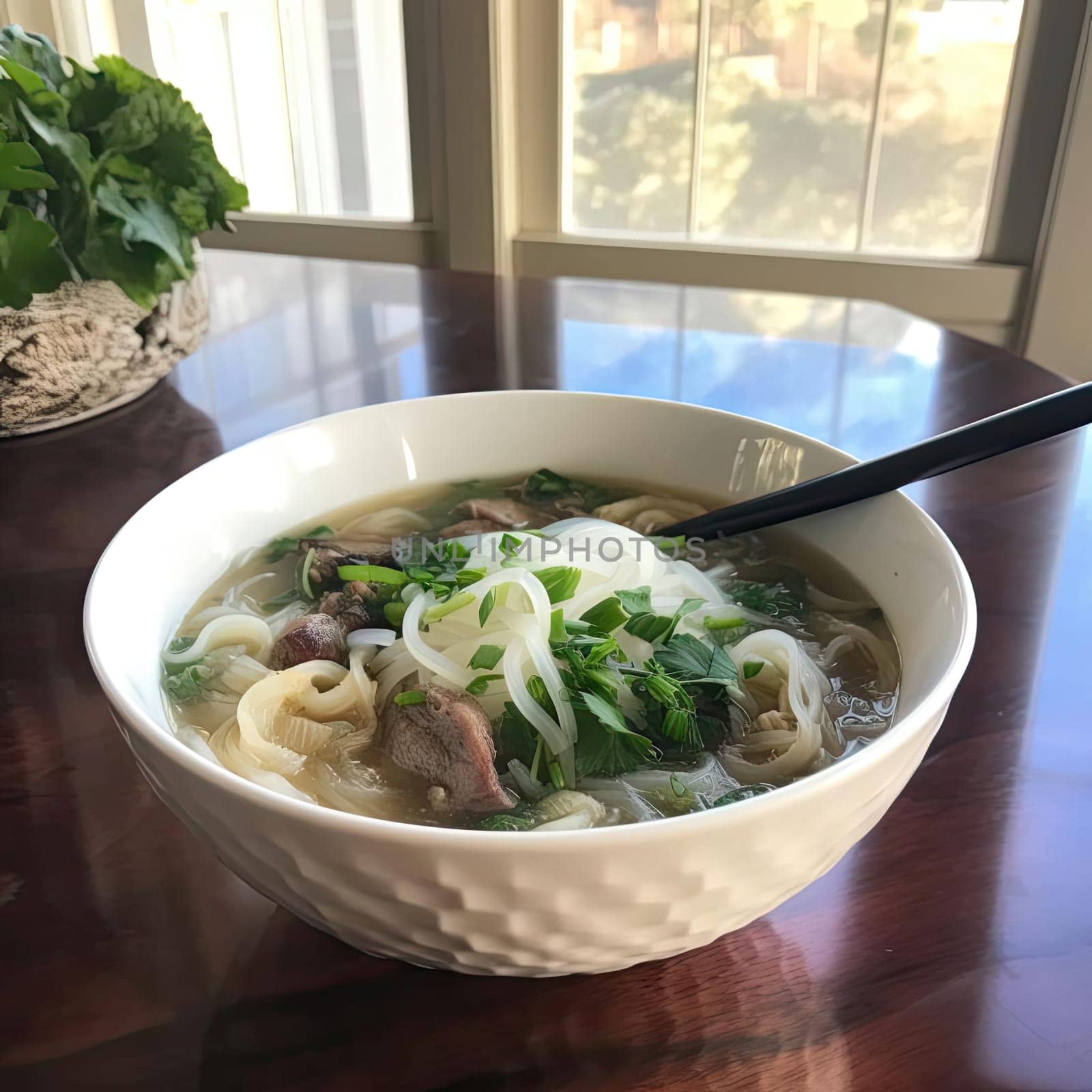 Vietnamese noodle soup with beef and vegetables in a bowl (ID: 001383)