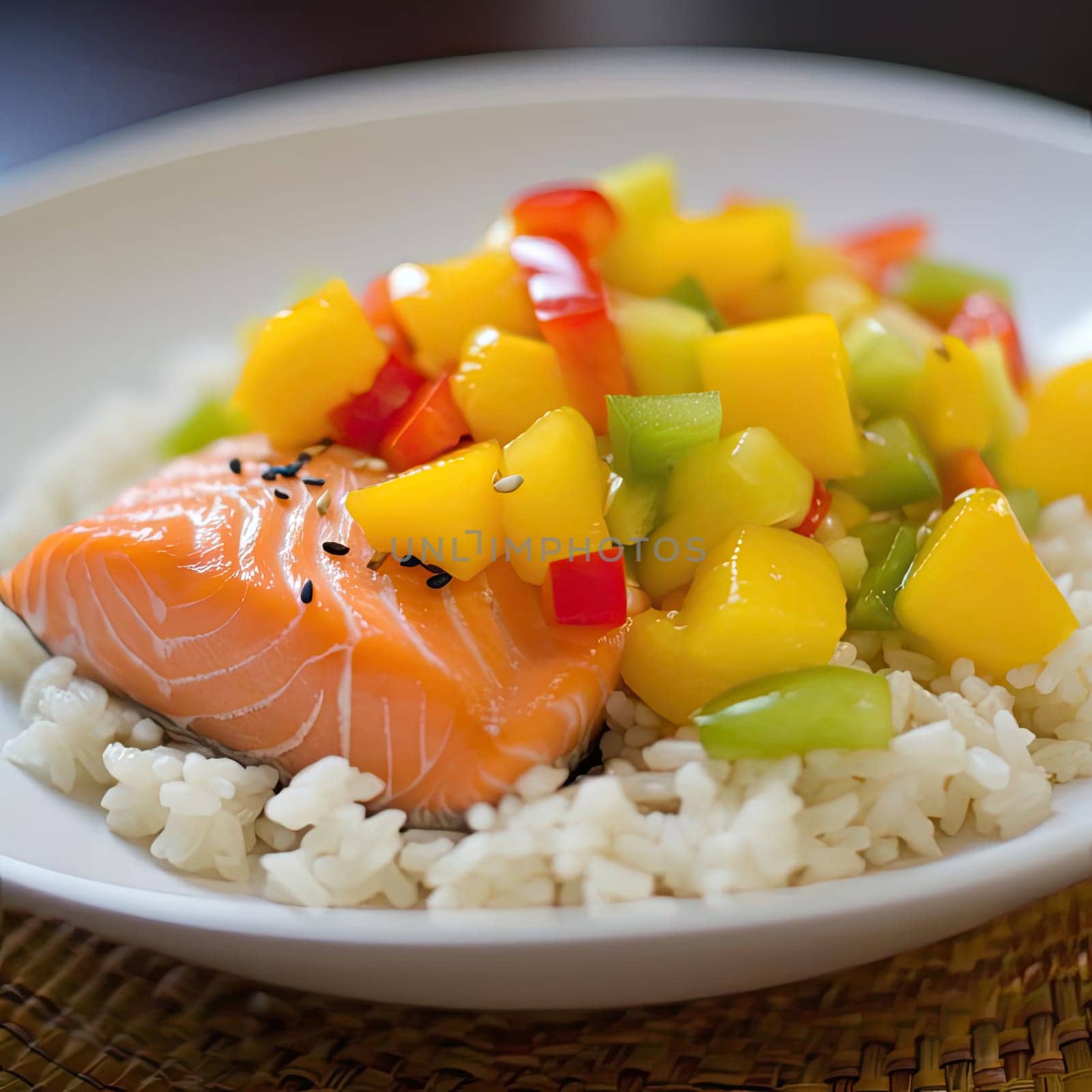 Salmon and mango salad with rice on white plate, selective focus (ID: 001386)