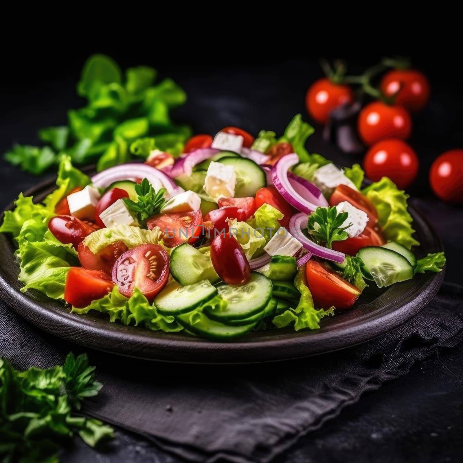 Fresh salad with tomato, cucumber, onion, and feta cheese (ID: 001388)