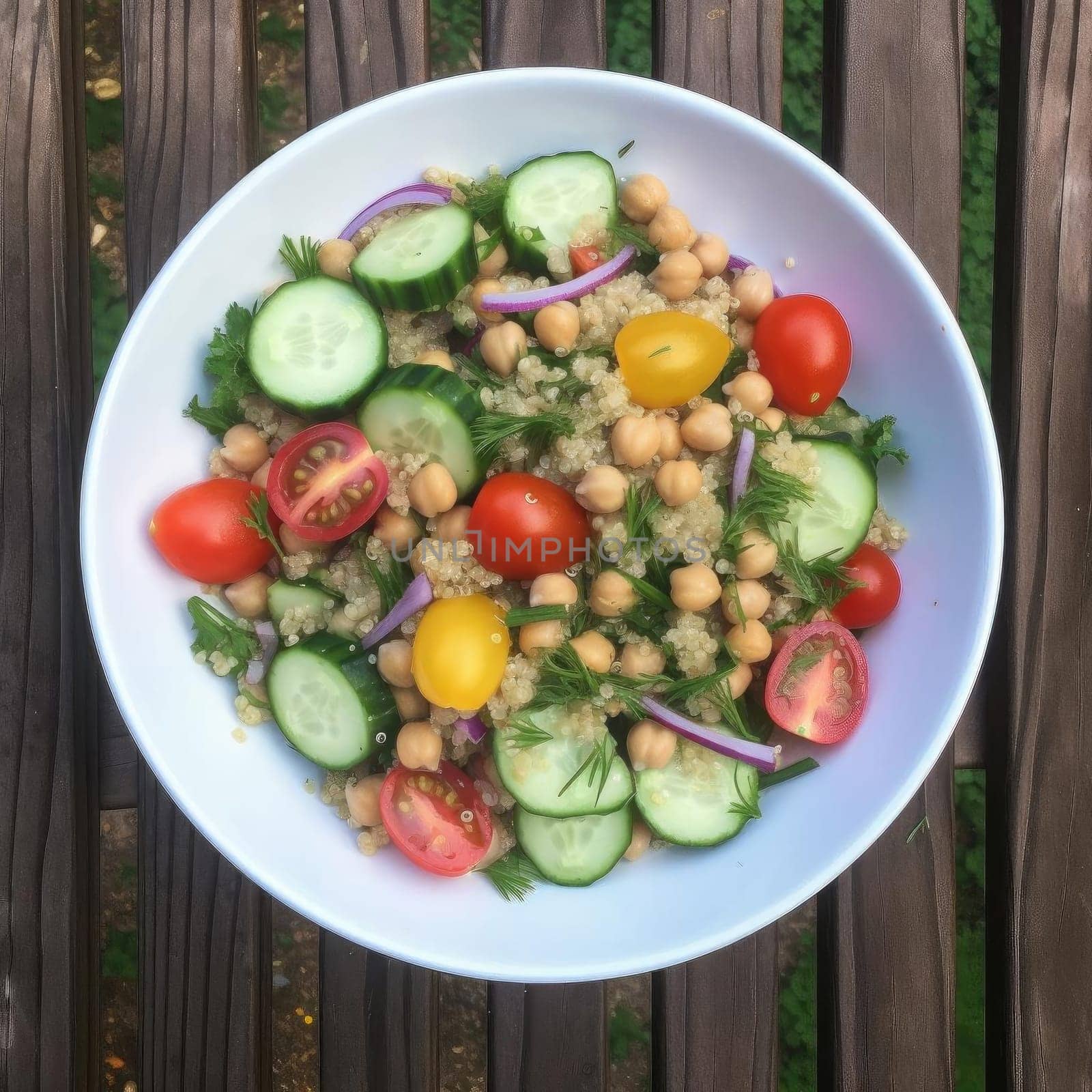 Vegetarian salad with chickpeas, tomatoes, and cucumbers (ID: 001404)