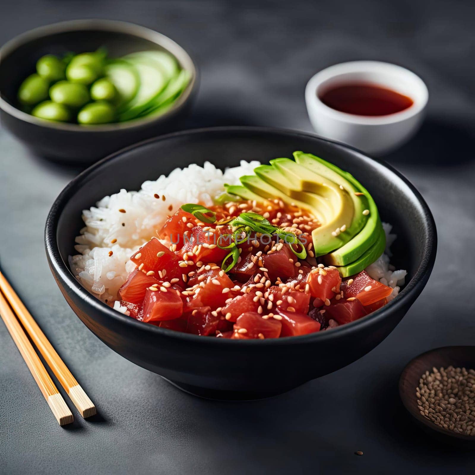 Hawaiian salmon poke bowl with rice, avocado, sesame seeds and soy sauce on a dark background (ID: 001407)