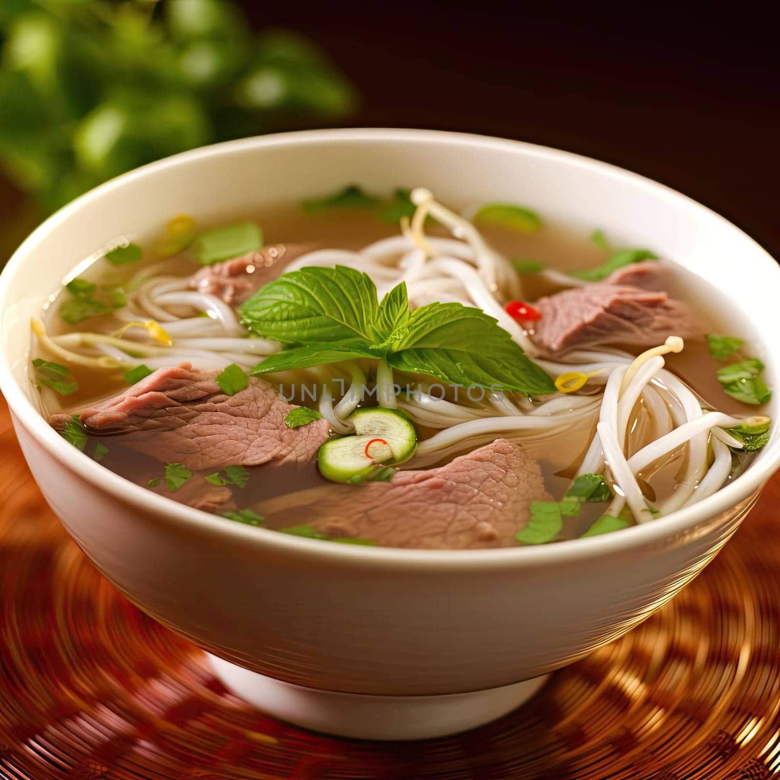 Vietnamese noodle soup with beef and vegetables in a bowl (ID: 001411)