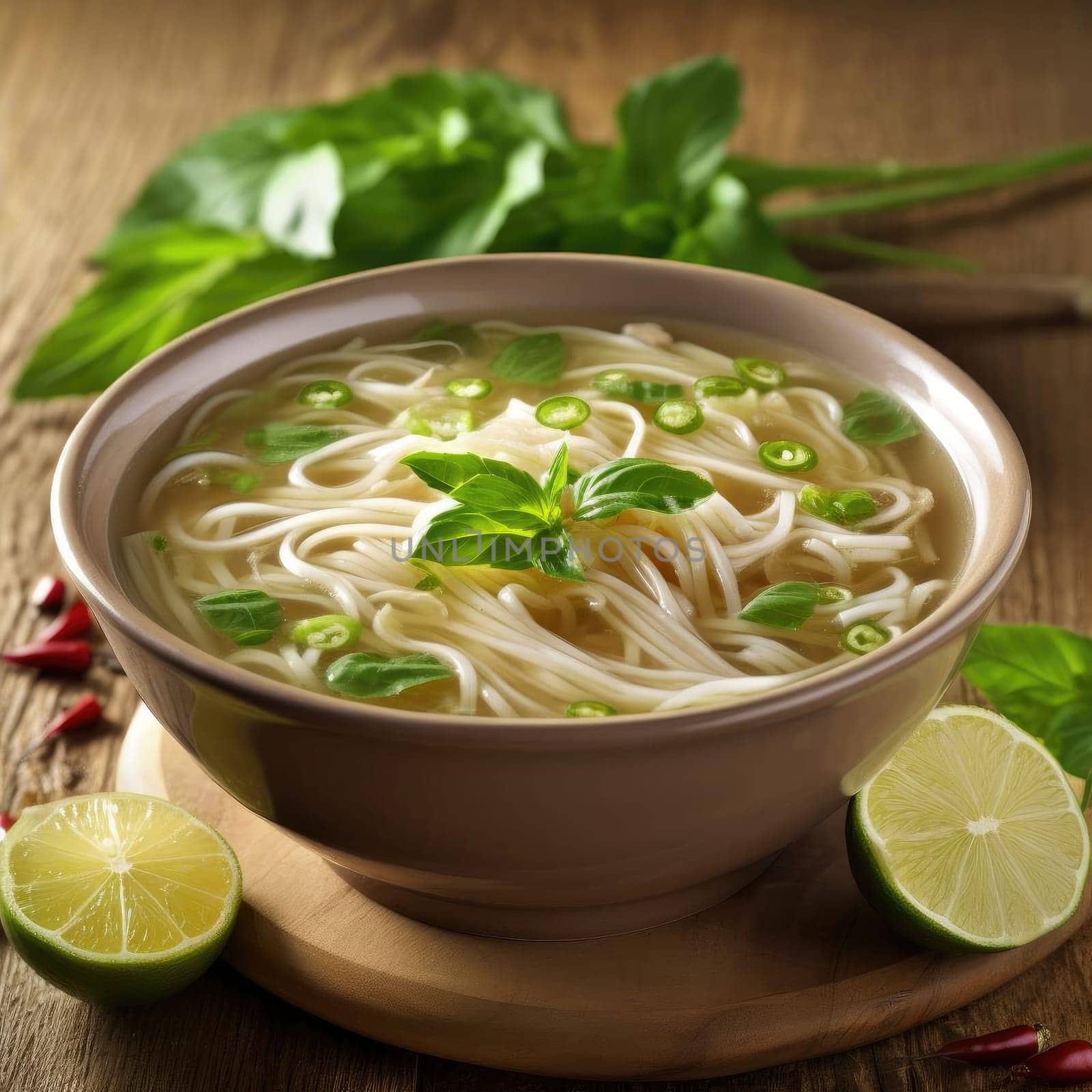Vietnamese soup with noodles and vegetables in bowl on wooden table (ID: 001412)
