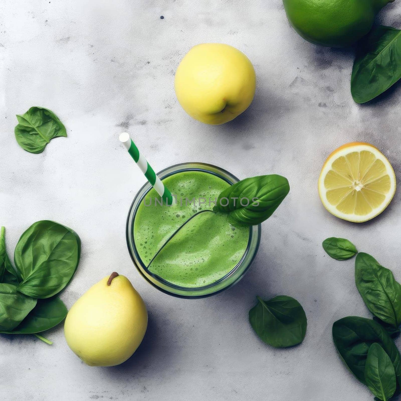 Green smoothie with pears, lemons, and basil leaves (ID: 001414)