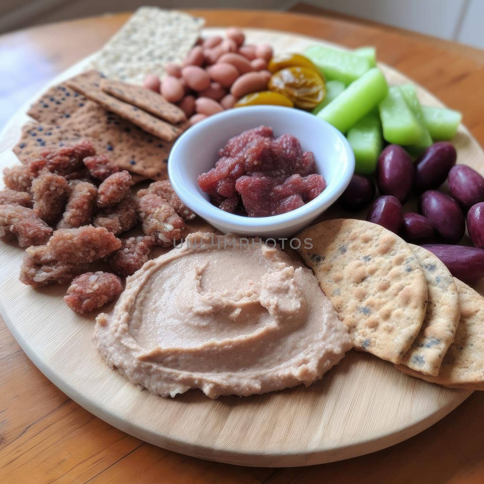 A plate of peanut paste with crackers on a wooden table (ID: 001427)