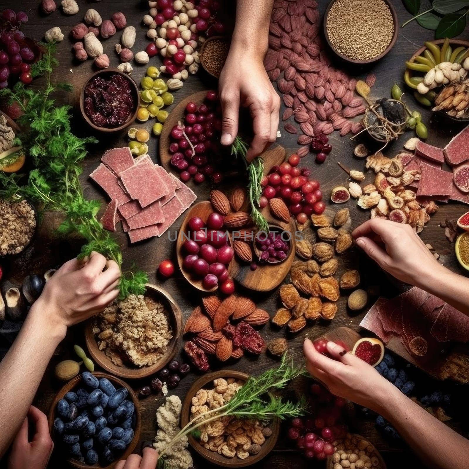 Healthy food selection on wooden background - top view, flat lay (ID: 001428)